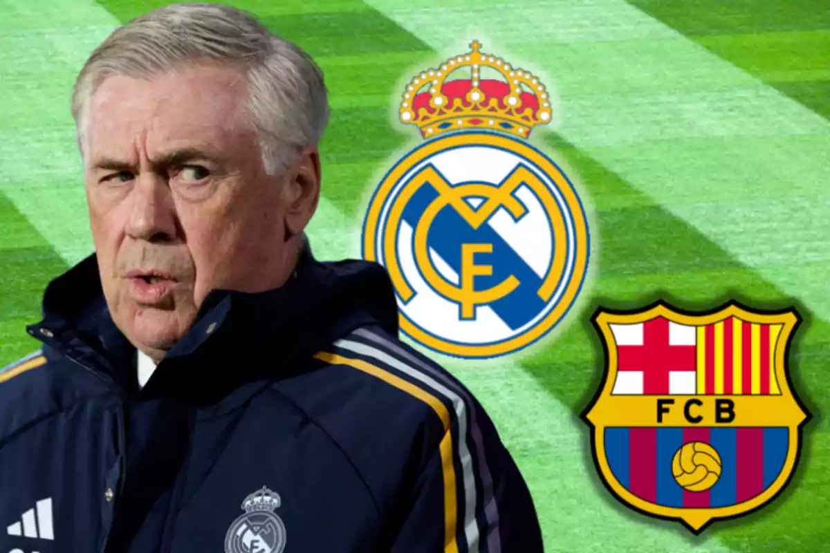 A soccer coach with the Real Madrid logo and the FC Barcelona crest on a soccer field.