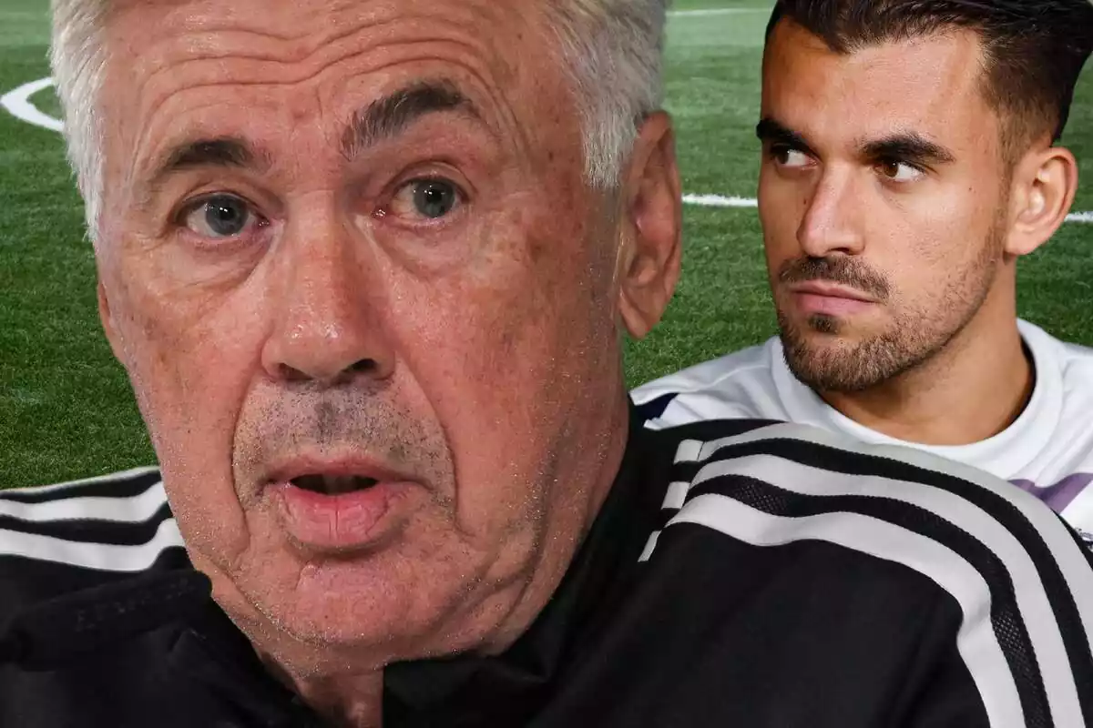 Carlo Ancelotti in the foreground with Dani Ceballos in the background looking askance at an image of a soccer field