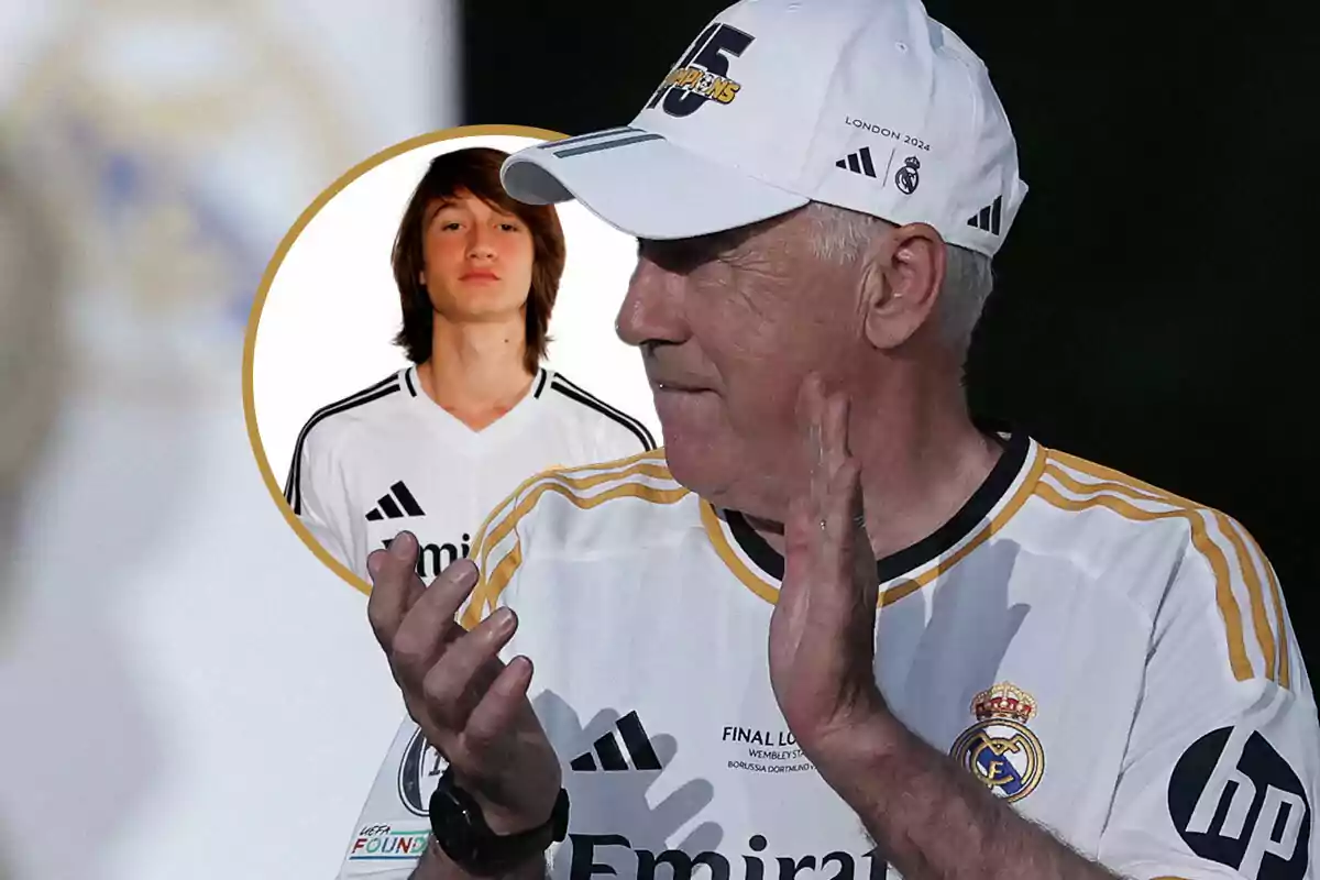 Carlo Ancelotti con gorra y camiseta del Real Madrid aplaude mientras en un círculo se muestra la imagen de Joan Martínez con la misma camiseta.