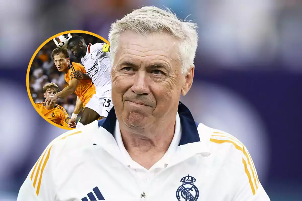 Carlo Ancelotti con una chaqueta blanca del Real Madrid, con una imagen circular en la esquina superior izquierda que muestra a Juanmi Latasa compitiendo por un balón en el aire.