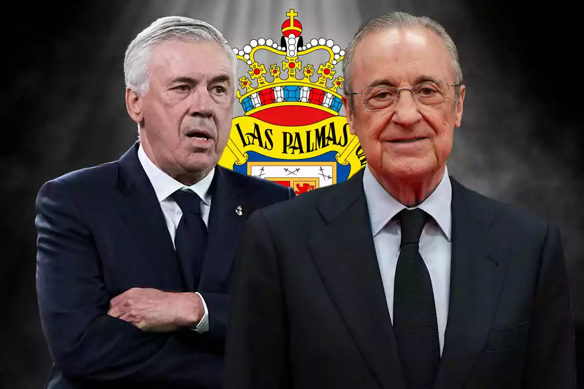 Two men in suits in front of a shield that says "Las Palmas".