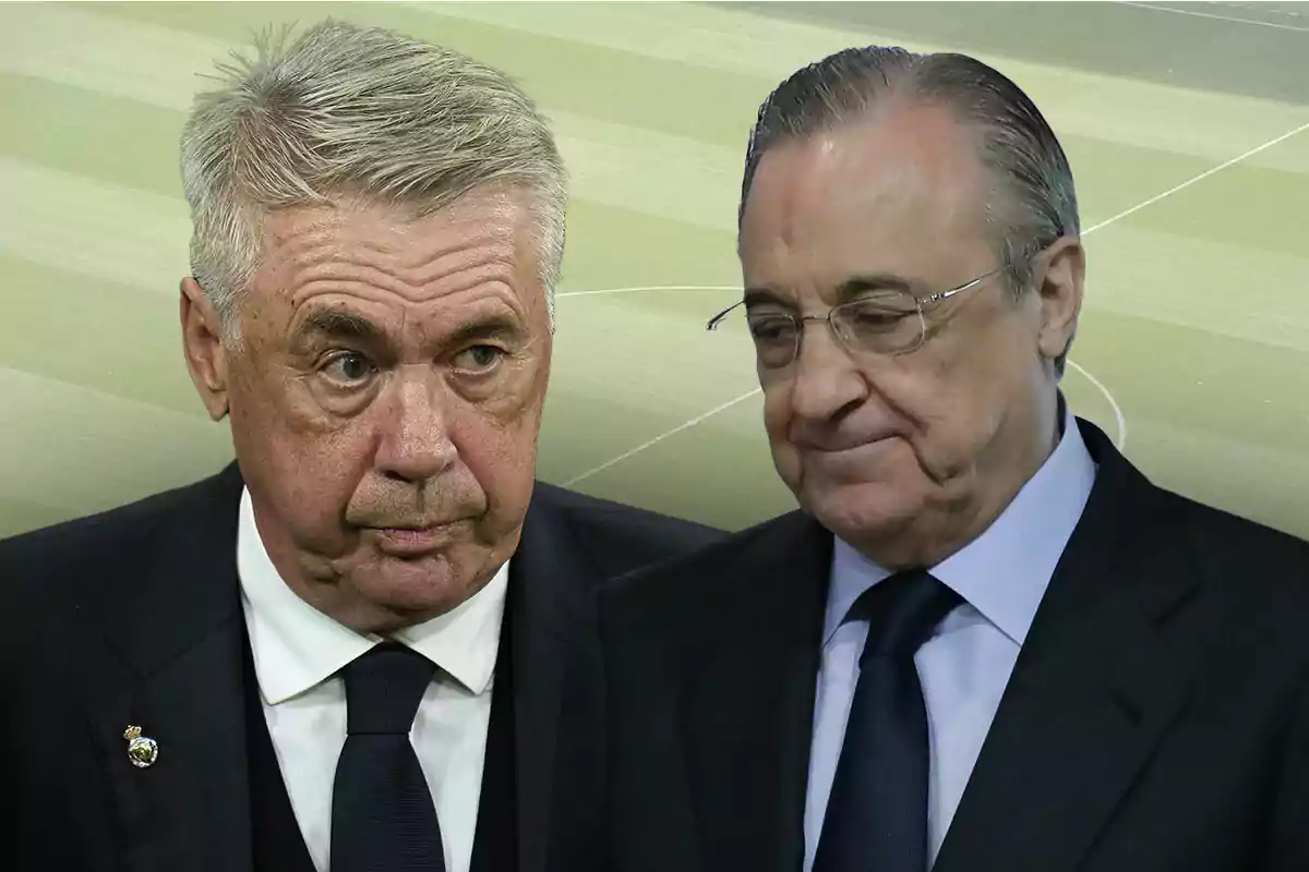 Carlo Ancelotti and Florentino Pérez in dark suits on a soccer field.