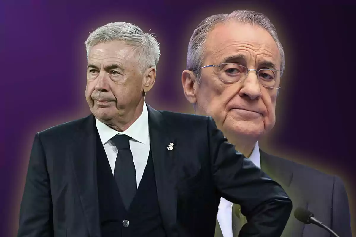 Carlo Ancelotti and Florentino Pérez in dark suits on a purple background.