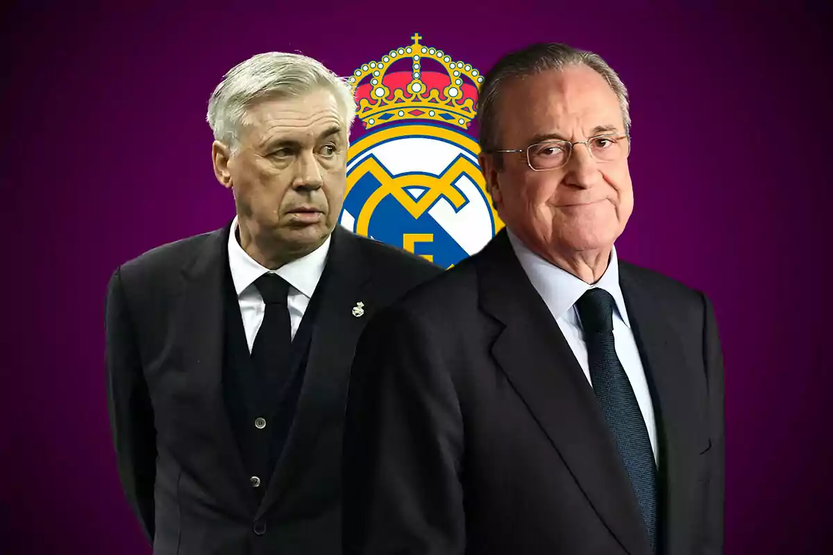 Ancelotti mirando a Florentino, detrás el escudo del Real Madrid