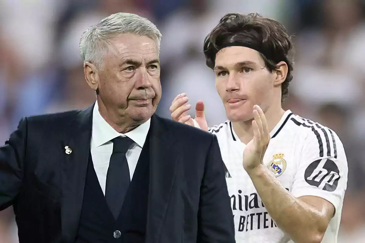 Dos personas, Ancelotti con traje y Fran García con uniforme del Real Madrid, en un partido.