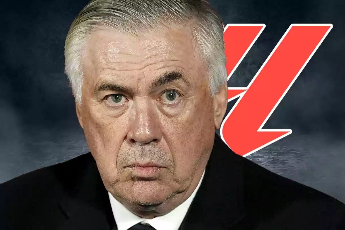 Carlo Ancelotti with gray hair and a serious expression against a dark background and LaLiga logo.