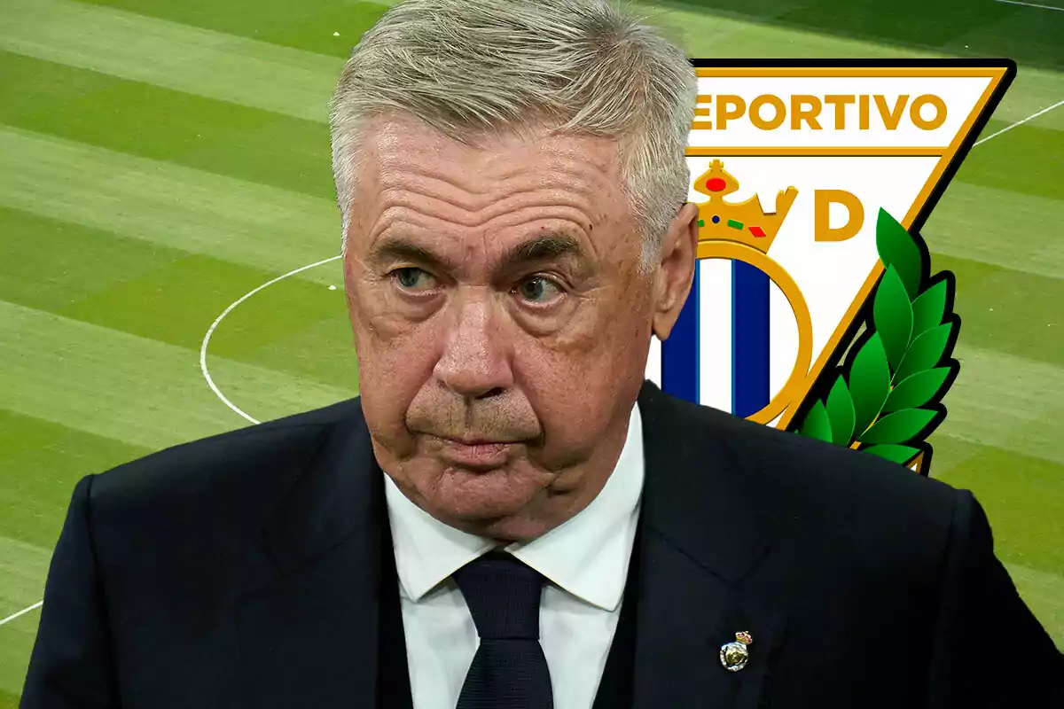 Carlo Ancelotti in a dark suit in front of a soccer field and a Leganés crest.