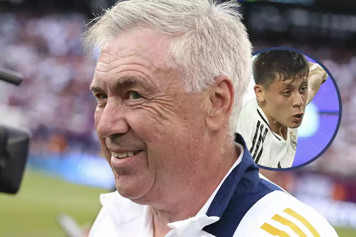 Carlo Ancelotti sonríe mientras una cámara lo graba, con una imagen circular de Arda Güler en el fondo.