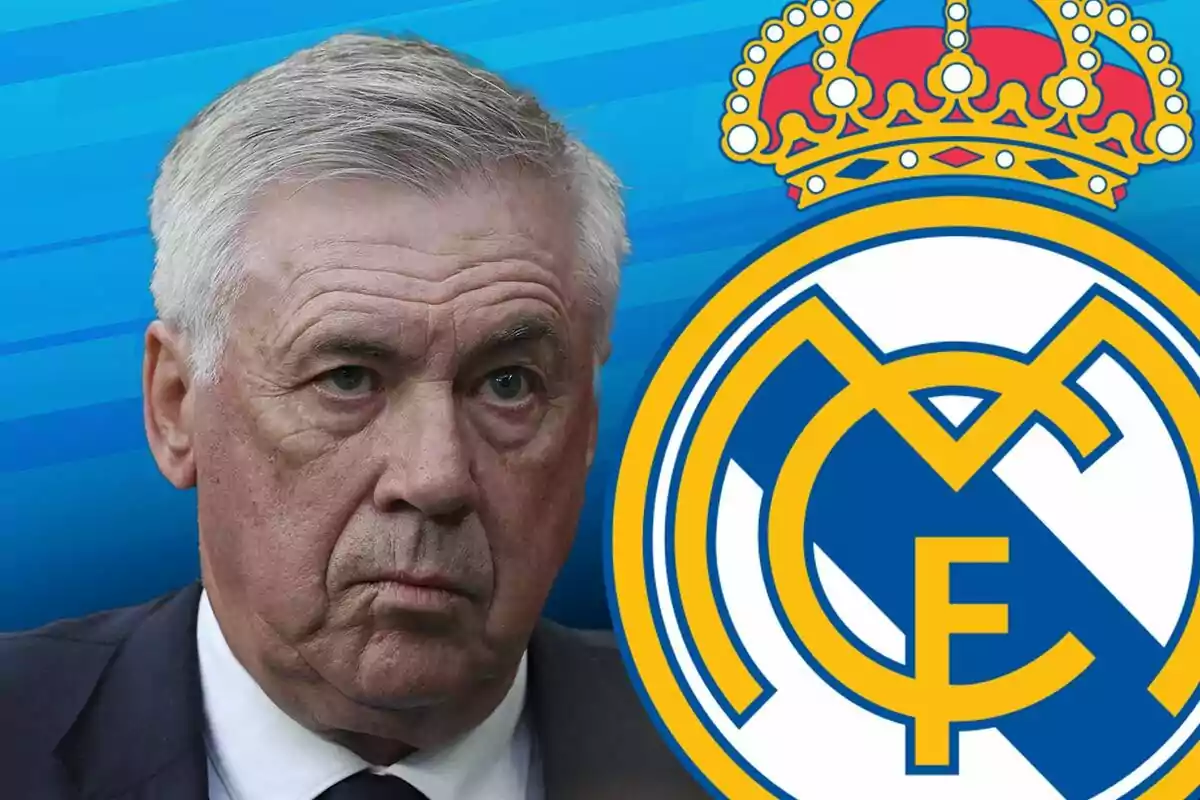 Carlo Ancelotti con expresión seria junto al escudo del Real Madrid sobre un fondo azul.