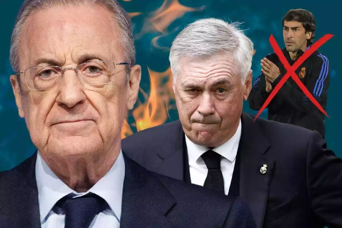 Florentino Pérez, Carlo Ancelotti y Raúl sobre un fondo lleno de llamas