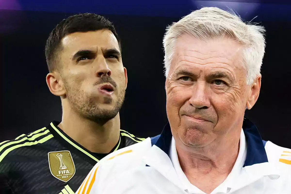 Dos hombres, Dani Ceballos con uniforme deportivo negro y Ancelotti con chaqueta blanca, en un entorno oscuro.