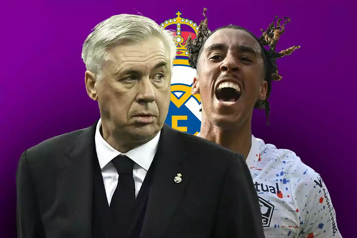 Ancelotti y Leny Yoro con el escudo del Real Madrid de fondo y un fondo morado.