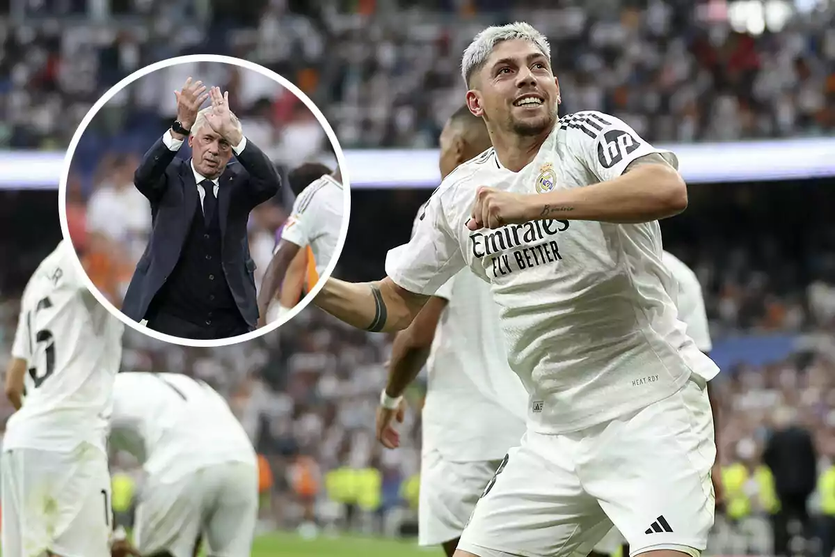 Fede Valverde celebrando en el campo con una imagen insertada de Ancelotti aplaudiendo.