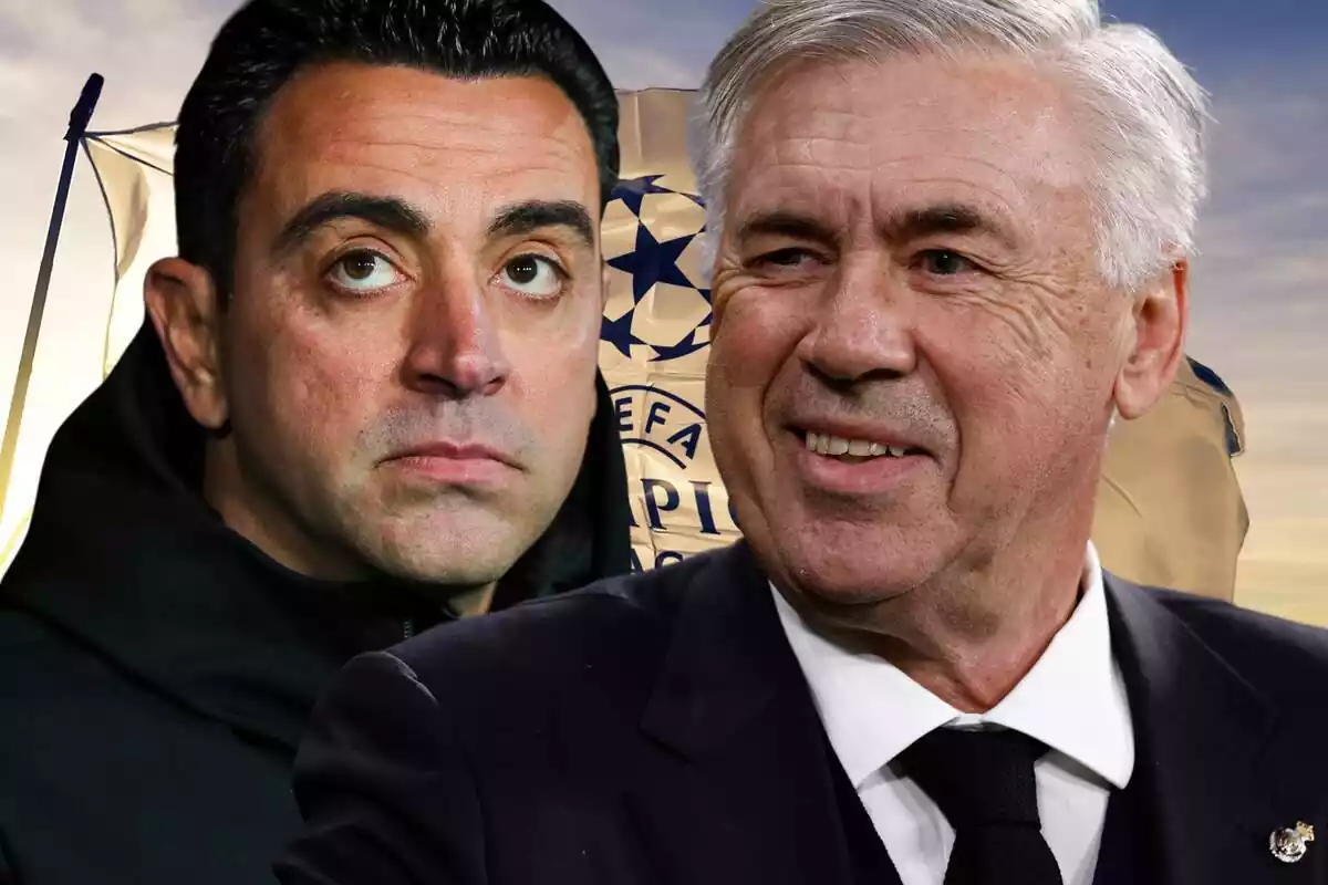 Xavi Hernández y Carlo Ancelotti en primer plano delante de una bandera de la Champions League