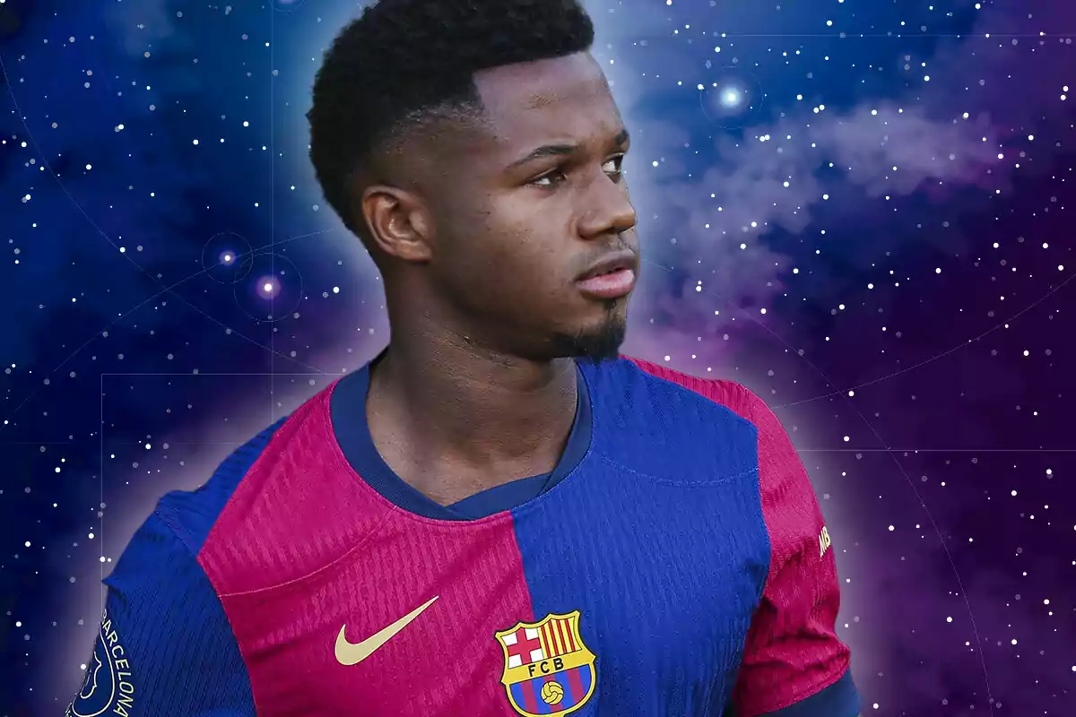 Ansu Fati wearing an FC Barcelona jersey on a starry background.