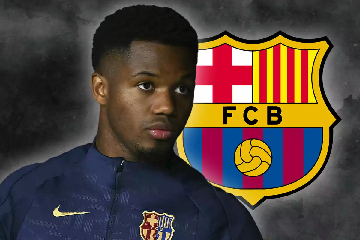 A player with an FC Barcelona jacket in front of the club's crest.