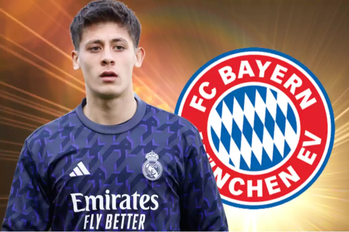 A football player wearing a Real Madrid jersey appears in front of the FC Bayern Munich logo on a background with glowing lines.