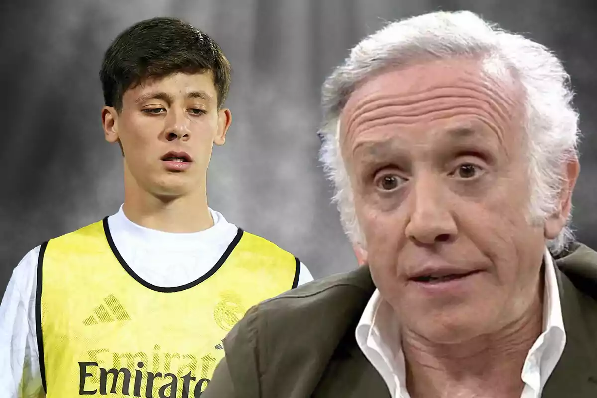 Arda Güler con un chaleco deportivo amarillo y Eduardo Inda con cabello canoso en un fondo gris.