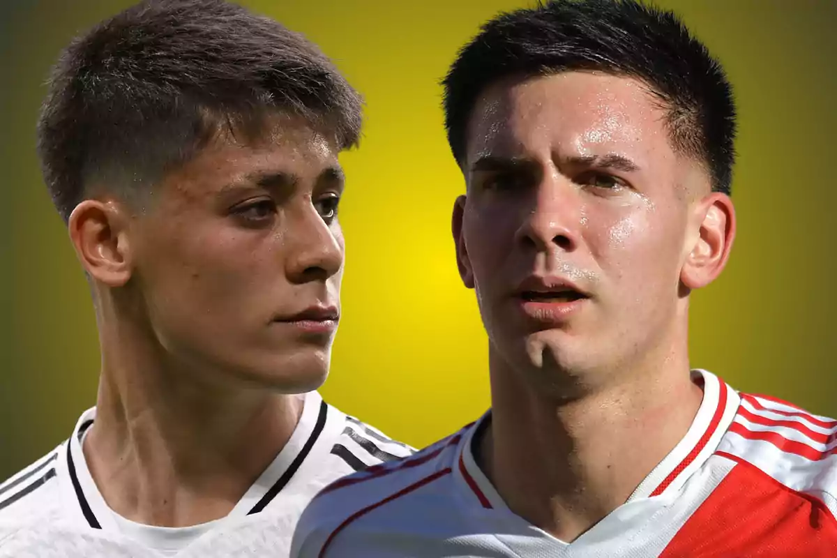 Dos futbolistas jóvenes con camisetas deportivas, uno de ellos con uniforme blanco y negro y el otro con uniforme blanco y rojo, posando sobre un fondo amarillo difuminado.