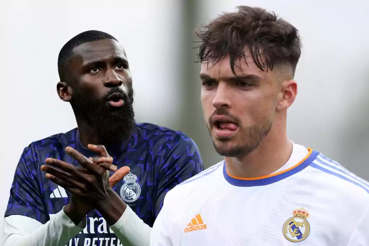 Two Real Madrid soccer players, one in a blue training uniform and the other in a white team jersey, on a playing field.