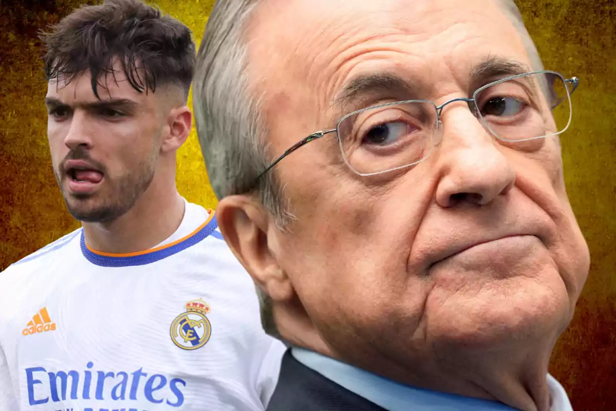 A soccer player wearing a Real Madrid jersey appears in the background while an older man wearing glasses is in the foreground.