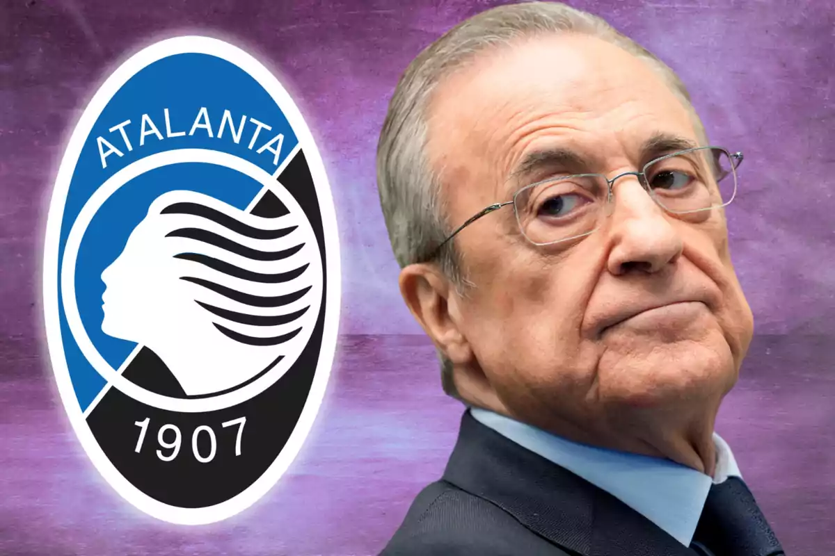 A man with glasses and a serious expression next to the logo of the Atalanta soccer club on a purple background.