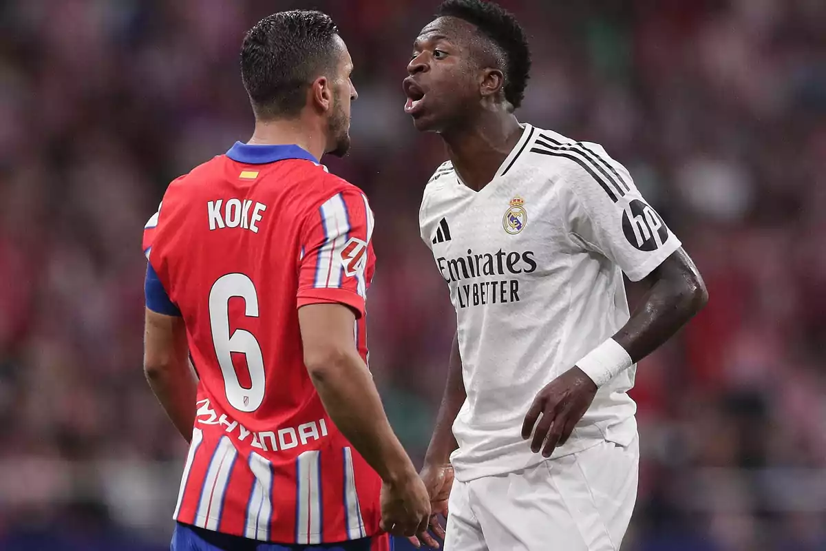 Two soccer players argue intensely on the field during a match.