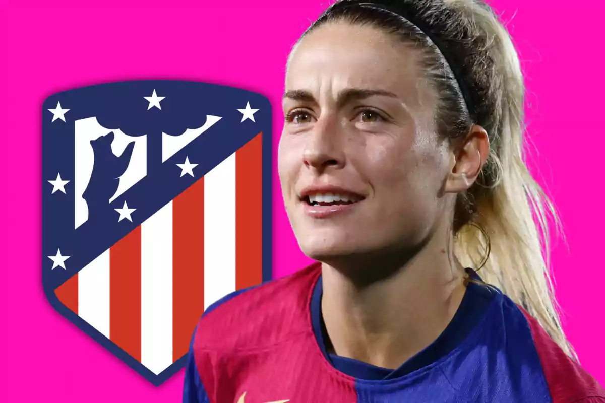 Woman in sports jersey in front of the Atlético de Madrid crest on a pink background.