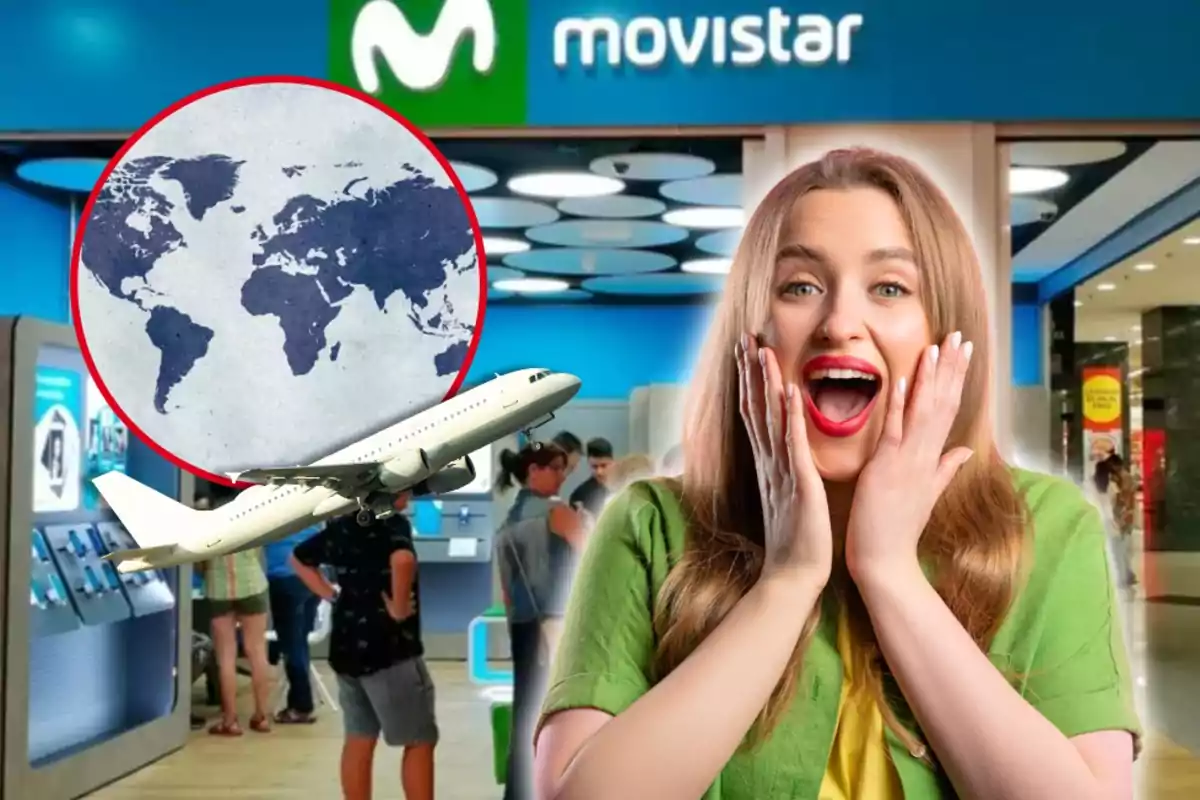 Una mujer emocionada con las manos en la cara, un avión y un mapa del mundo en un círculo rojo, con una tienda de Movistar de fondo. Una mujer emocionada con las manos en la cara, un avión y un mapa del mundo en un círculo rojo, con una tienda de Movistar de fondo.