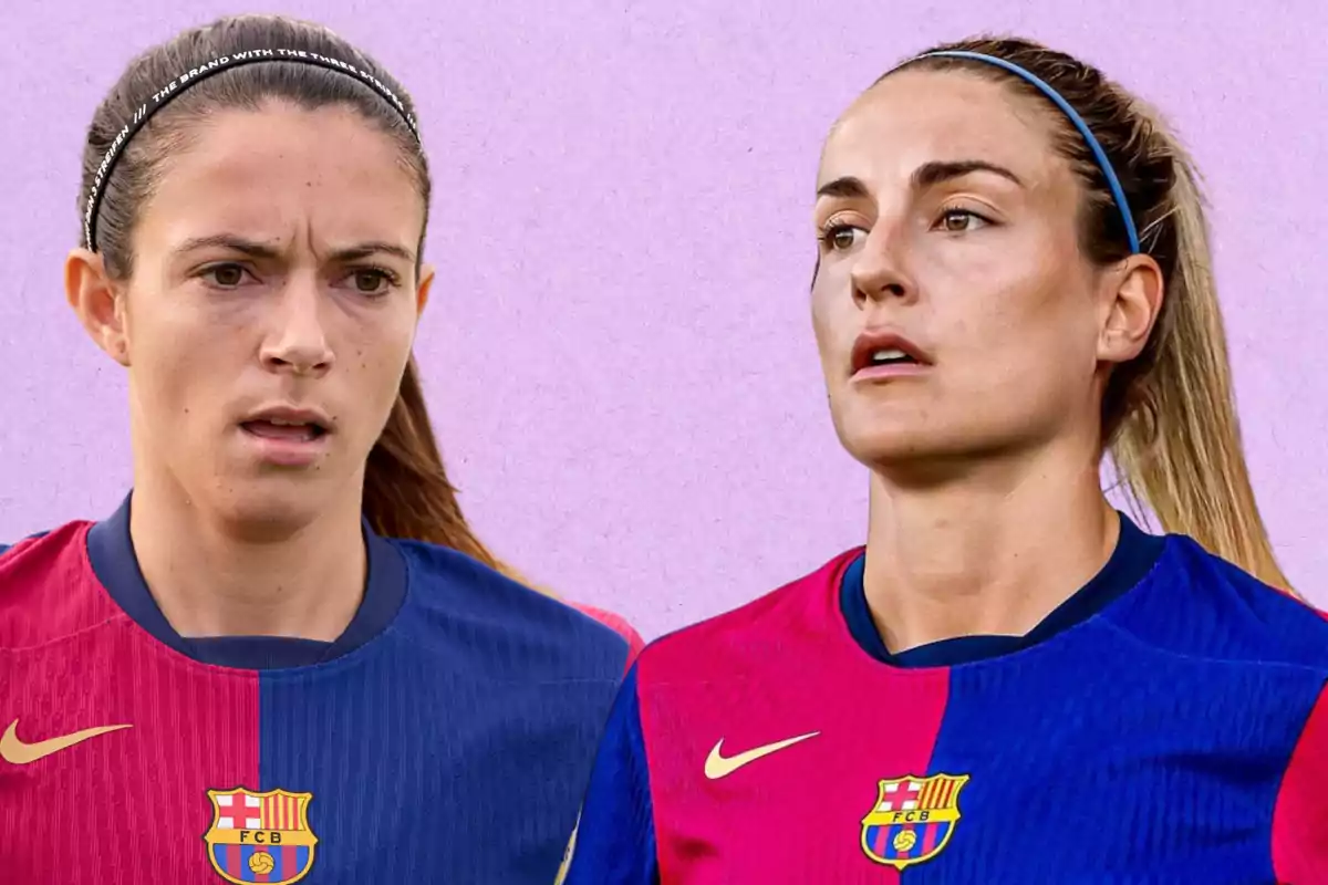 Dos jugadoras de fútbol con camisetas del FC Barcelona sobre un fondo lila.