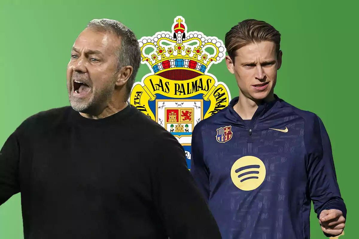 Hansi Flick y De Jong con el escudo de Las Palmas de fondo sobre un fondo verde.