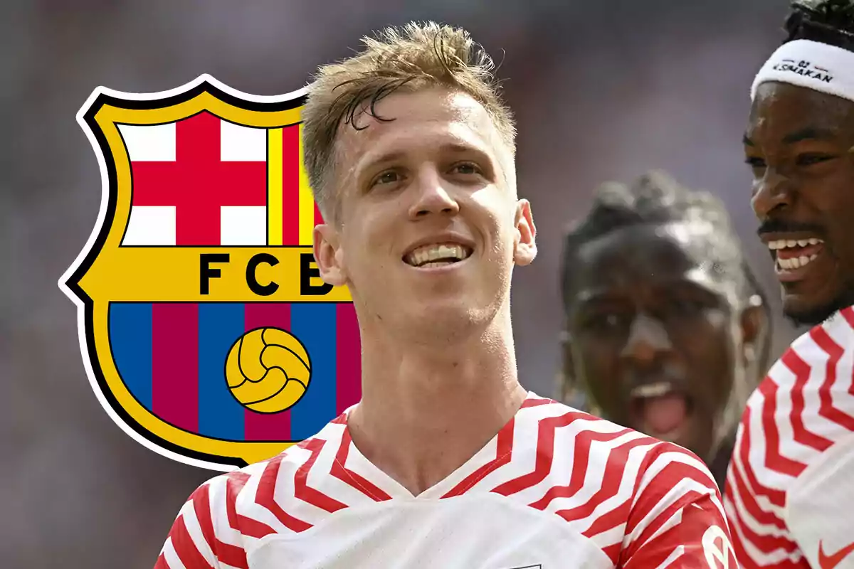 Dani Olmo con uniforme blanco y rojo del Leipzig celebrando frente al escudo del FC Barcelona.