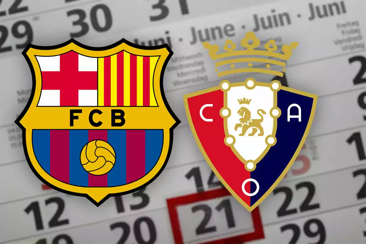 Escudos de dos equipos de fútbol sobre un calendario con el día 21 marcado en rojo.