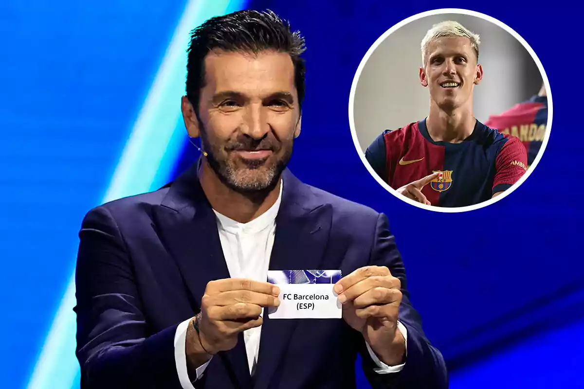 Buffon sosteniendo un papel con el nombre del FC Barcelona y Dani Olmo en un recuadro.