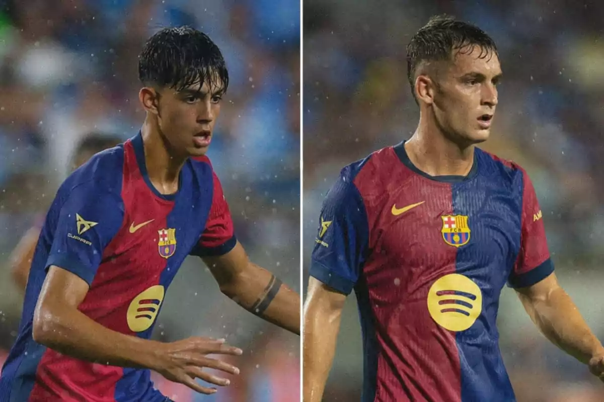 Two FC Barcelona football players in the team's uniform, one on the left and one on the right, on a playing field in the rain.