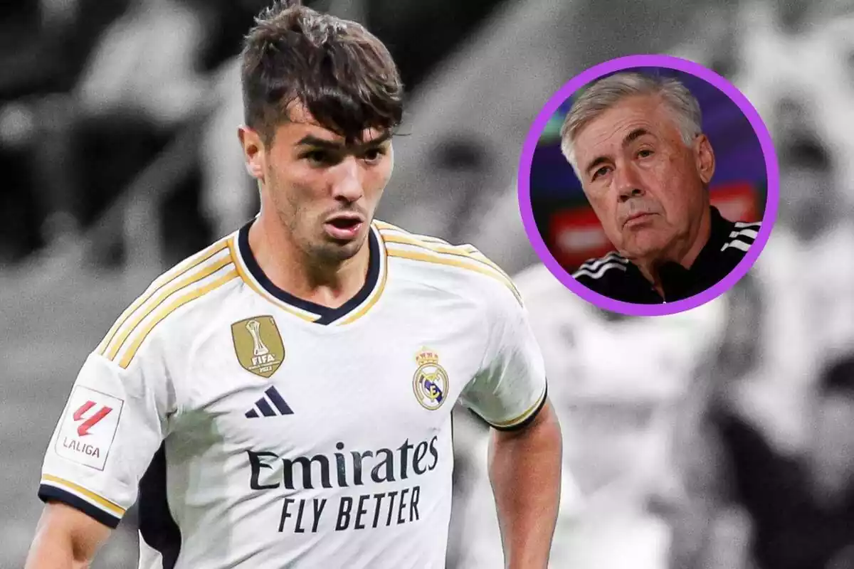 Brahim Díaz con la camiseta del Real Madrid al lado de una imagen recortada de Carlo Ancelotti