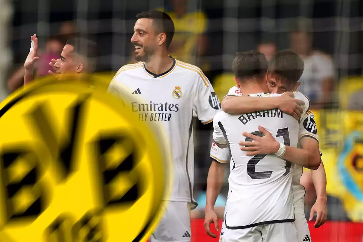 Brahim y Arda Güler se abrazan, por encima el escudo del Dortmund