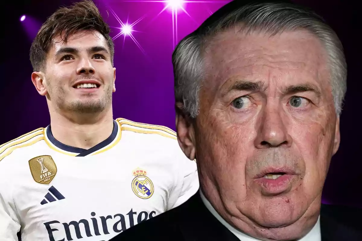 A Real Madrid player and coach with a purple background.