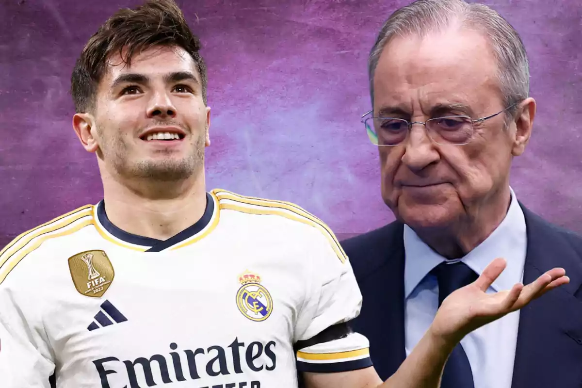 A Real Madrid soccer player smiles as an older man wearing glasses looks at him with a serious expression, against a purple background.