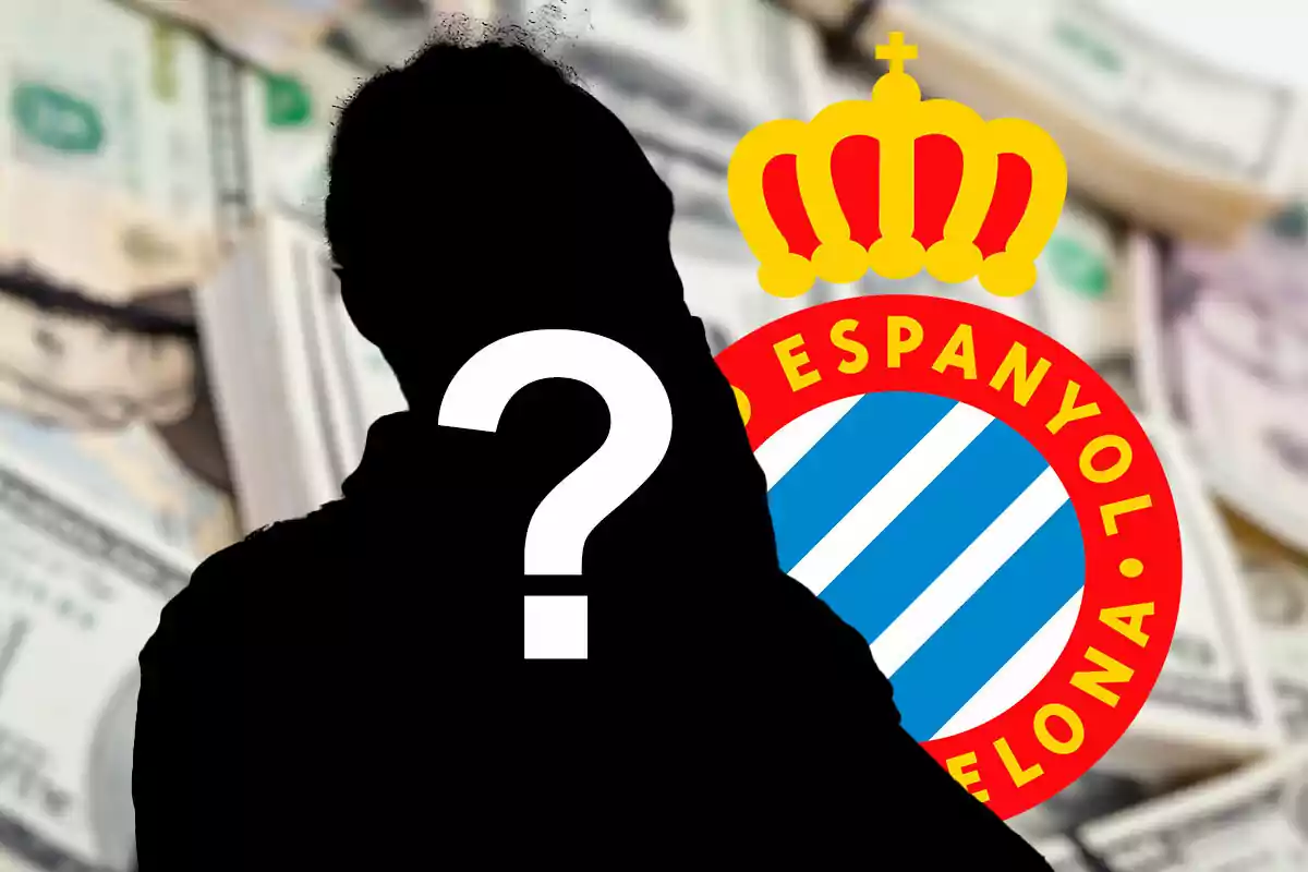 Silueta de una persona con un signo de interrogación frente a billetes y el escudo del RCD Espanyol.