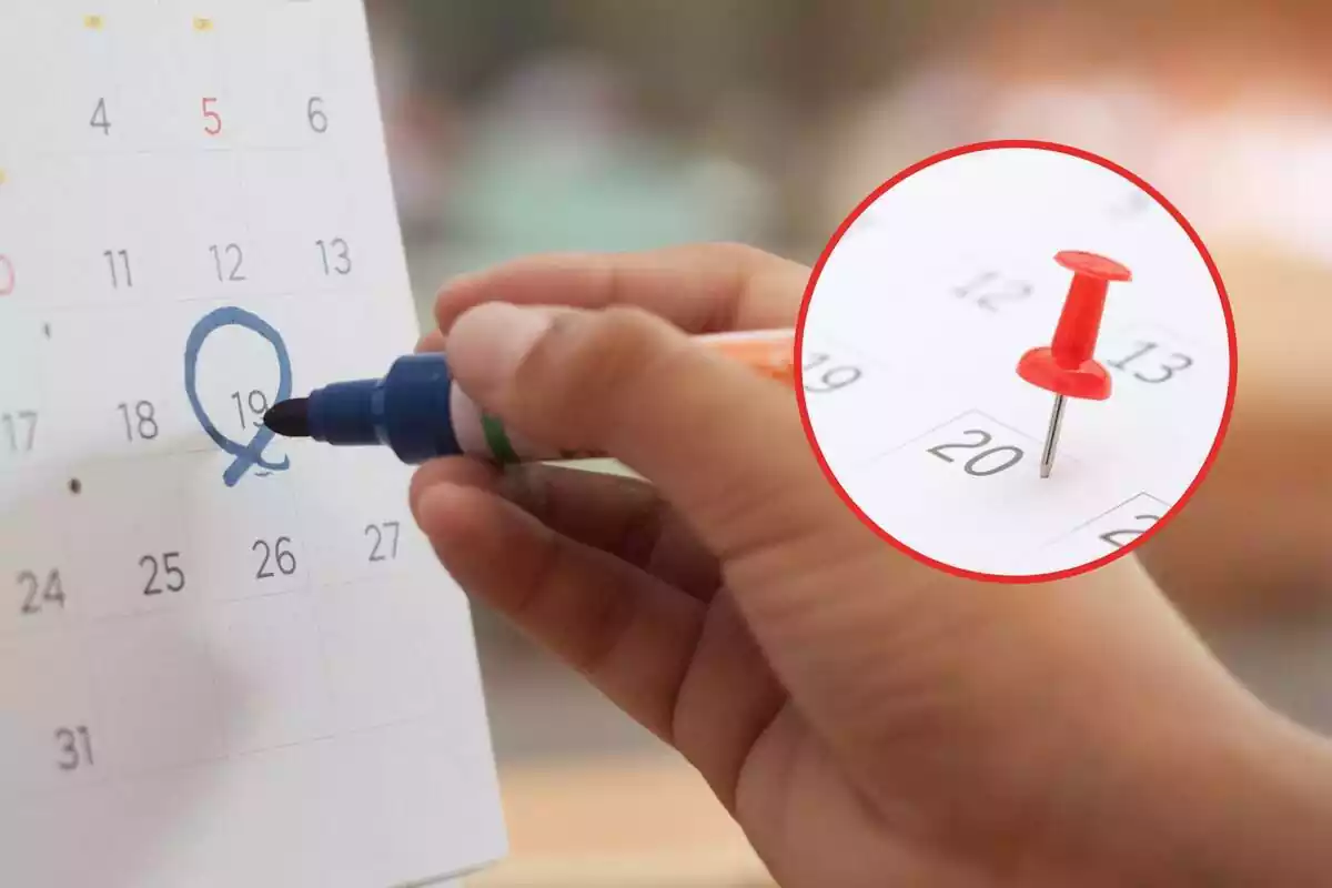 Montaje con una persona marcando en el calendario y una pinza señalando un día Montaje con una persona marcando en el calendario y una pinza señalando un día