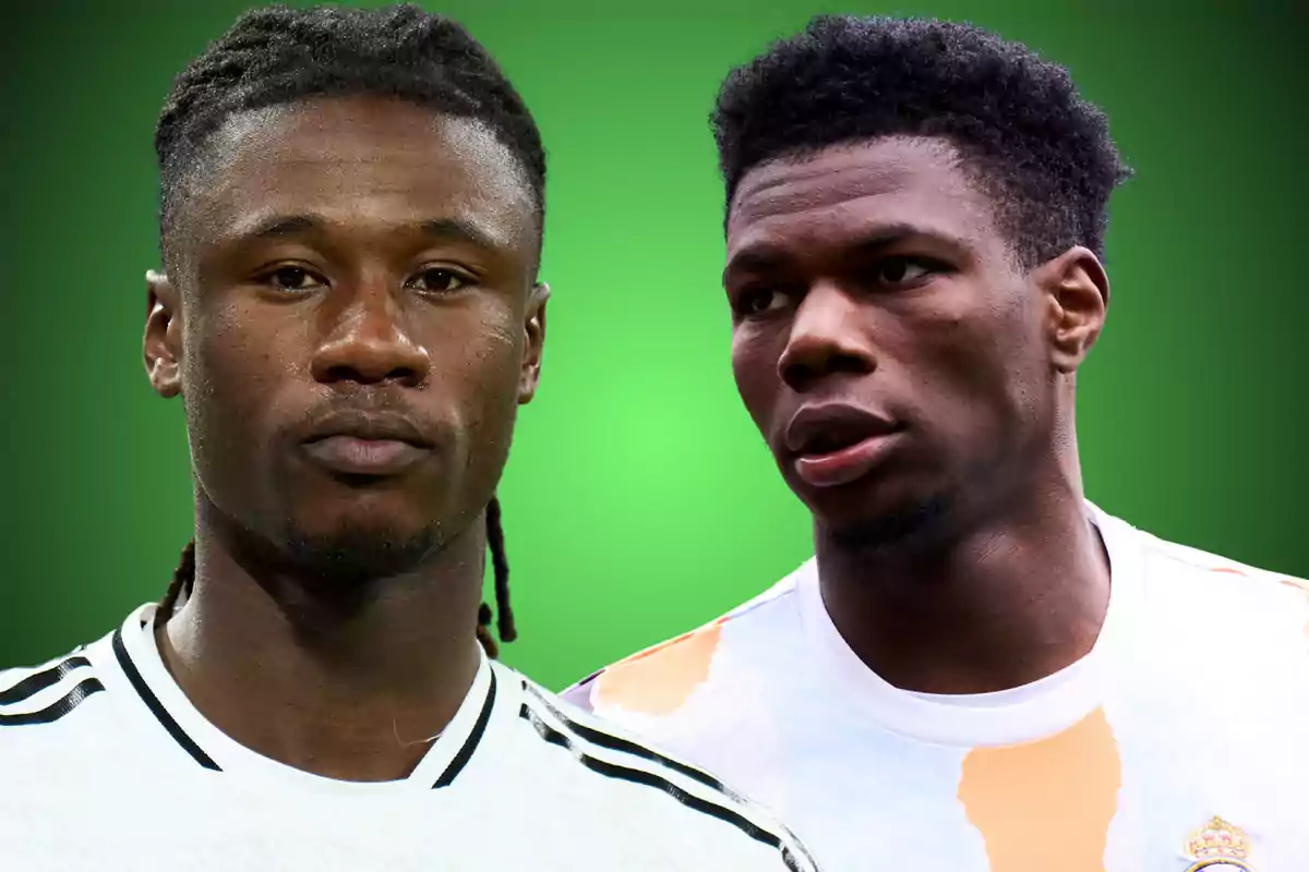 Two players in white jerseys pose in front of a green background.