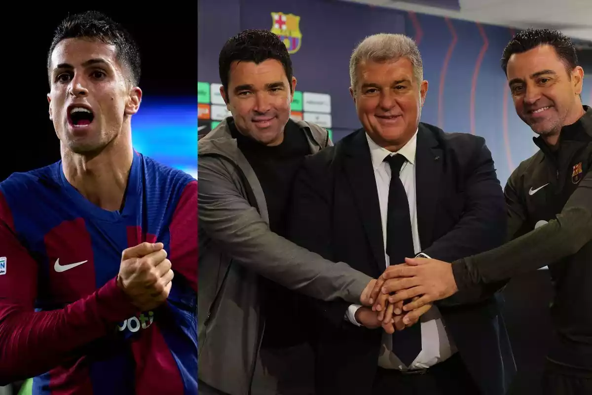 Cancelo señalando el escudo del Barça; Deco, Laporta y Xavi dándose la mano