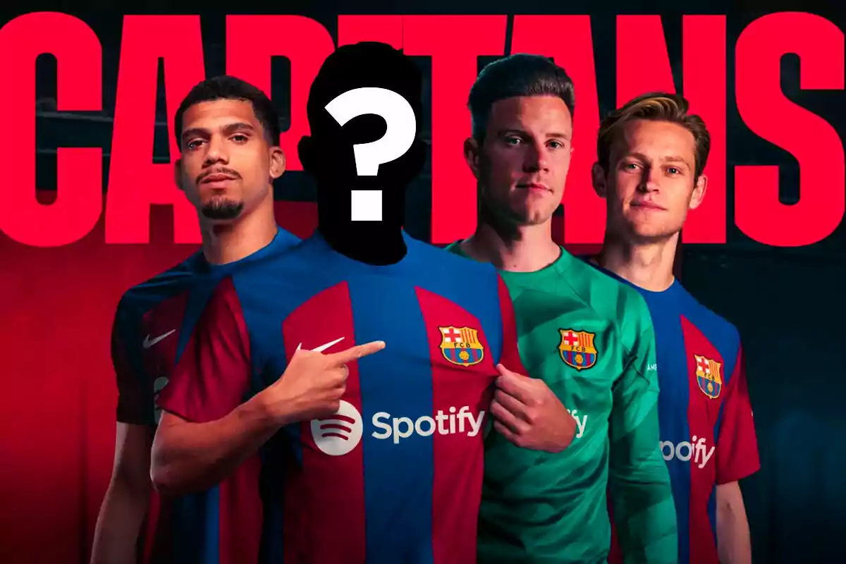 Jugadores del FC Barcelona posando con la camiseta del equipo, con la palabra "CAPTAINS" de fondo y una silueta con un signo de interrogación en el centro.