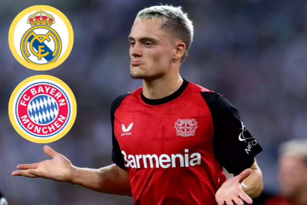 Bayer Leverkusen player with a doubtful expression and the Real Madrid and Bayern Munich crests in the background.