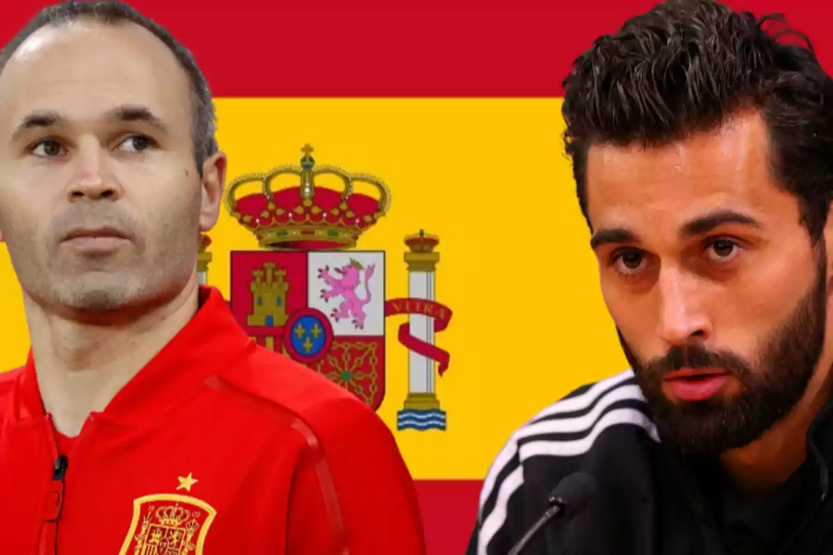 Two men in sportswear in front of the Spanish flag.