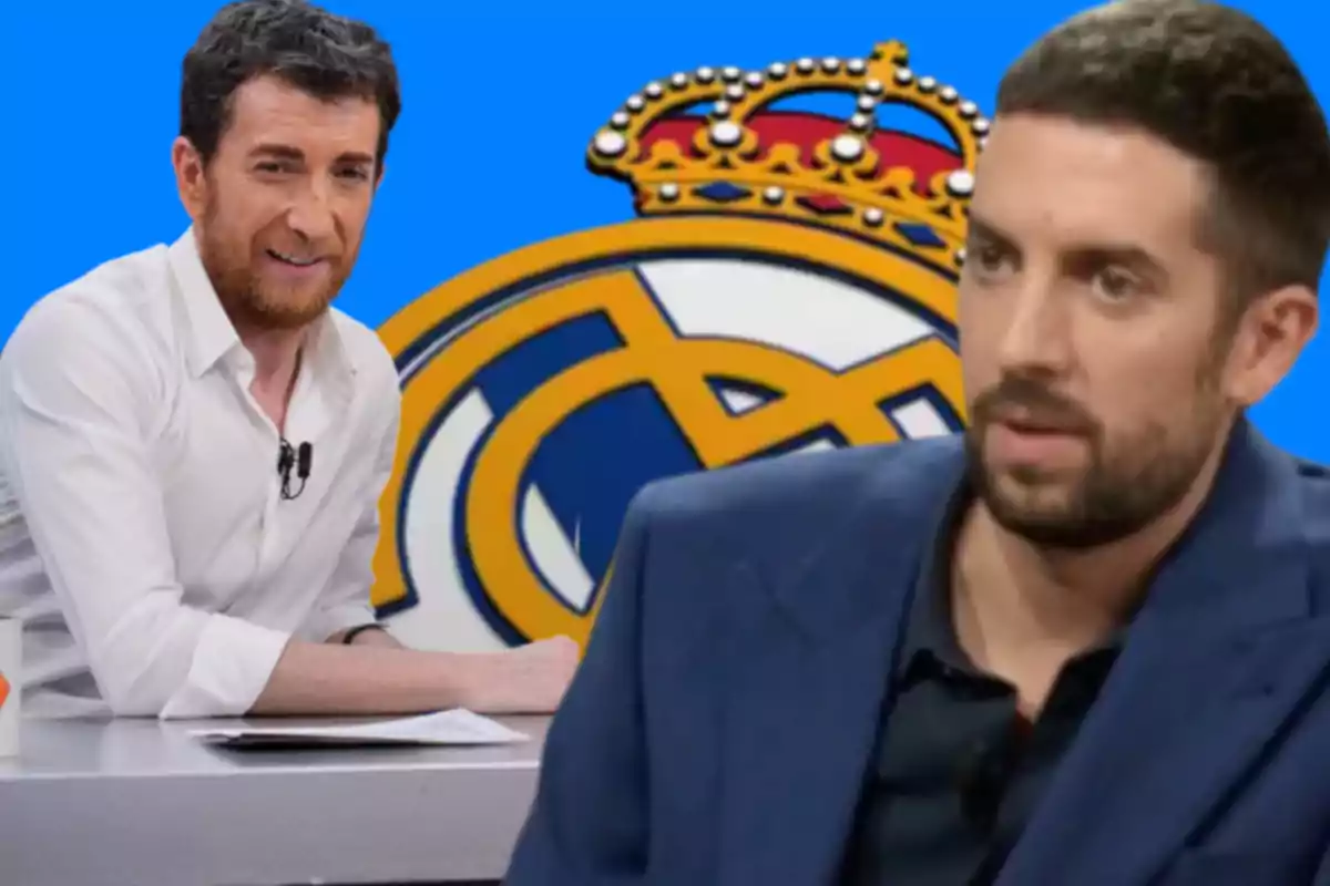 Two men on a television show with the Real Madrid logo in the background.