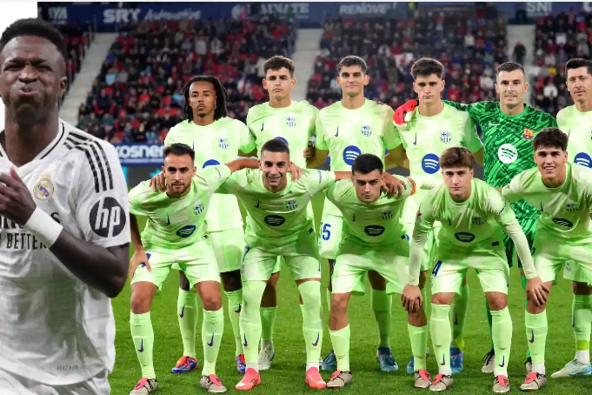 A Real Madrid soccer player celebrates as the Barcelona team poses for a group photo on the field.