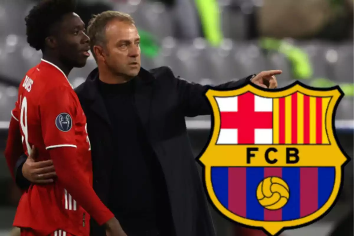 A coach gives instructions to a soccer player while the FC Barcelona crest appears in the foreground.