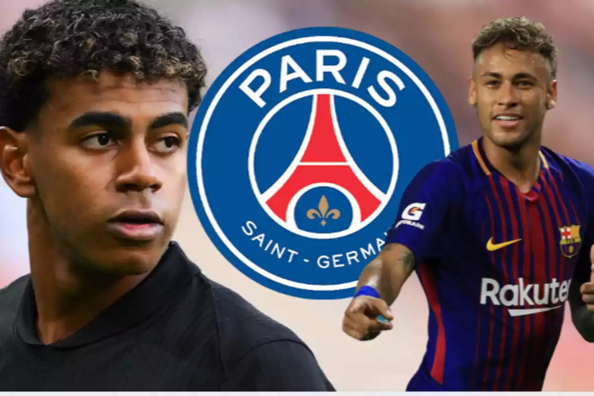 Two soccer players with the Paris Saint-Germain logo in the background.